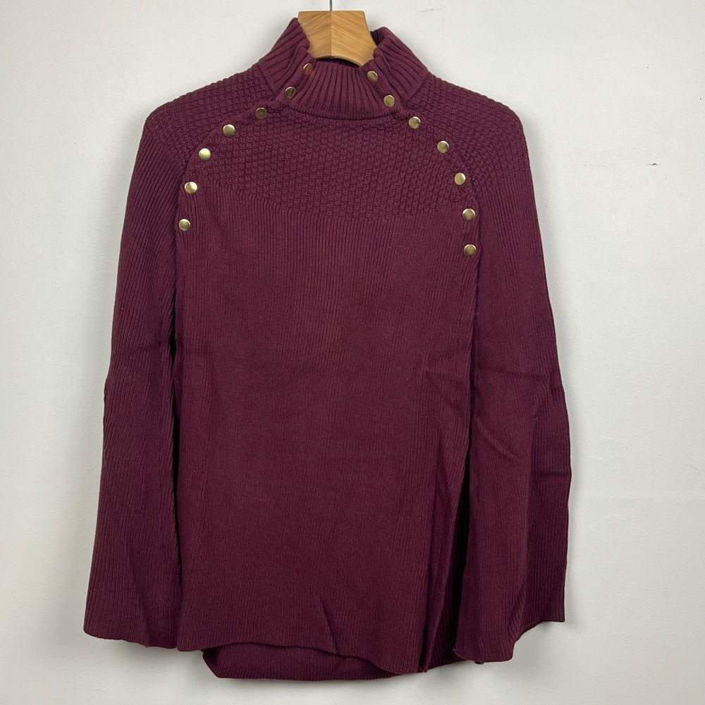 G.I.L.I. Burgundy Ribbed Turtleneck Poncho Sweater Gold Button Detail Size S/M